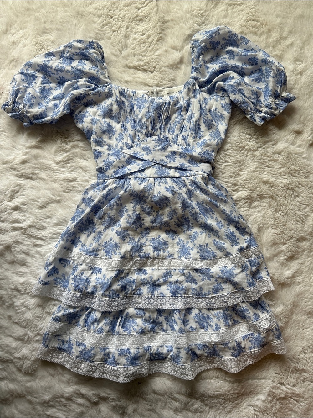 Altar'd State Blue & White Floral Puff Sleeve Mini Dress
